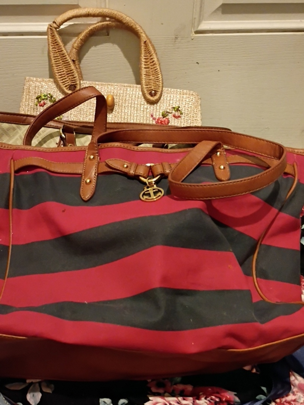Striped Tote Bag with Brown Leather Trim - Red & Black